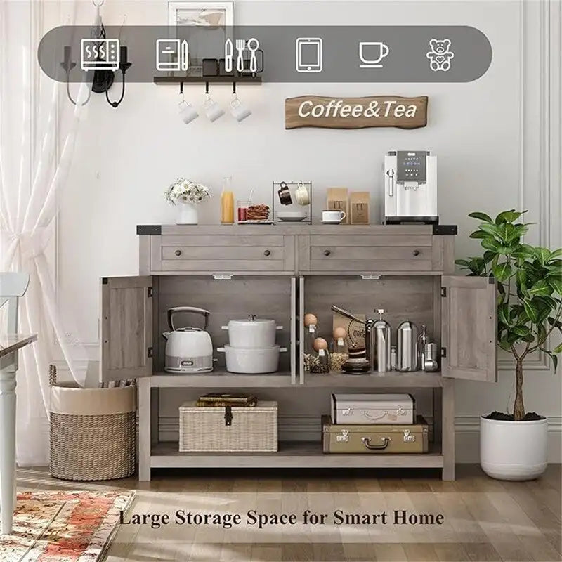 Farmhouse Buffet Cabinet with Barn Style Doors and Storage Drawers