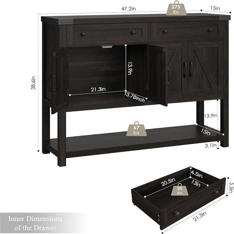 Farmhouse Buffet Cabinet with Barn Style Doors and Storage Drawers