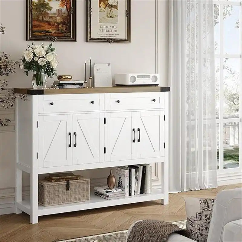 Farmhouse Buffet Cabinet with Barn Style Doors and Storage Drawers