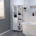 Armario moderno blanco para ropa de baño con estantes abiertos y puerta