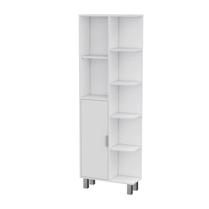 Armario moderno blanco para ropa de baño con estantes abiertos y puerta
