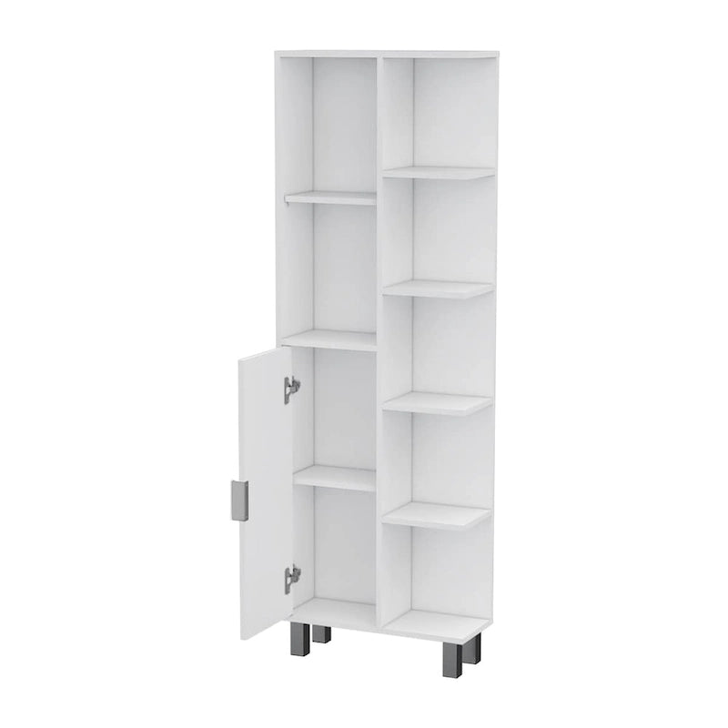 Armario moderno blanco para ropa de baño con estantes abiertos y puerta