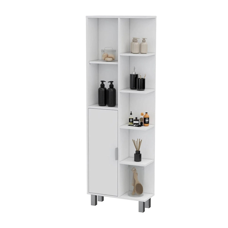 Armario moderno blanco para ropa de baño con estantes abiertos y puerta
