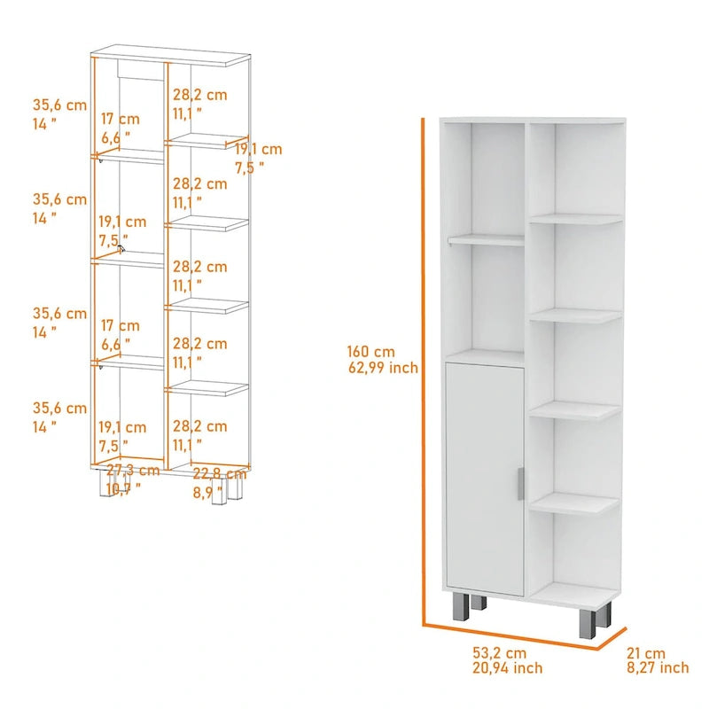 Armario moderno blanco para ropa de baño con estantes abiertos y puerta