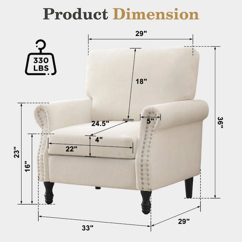Sillón decorativo tapizado de chenilla con brazos enrollados y ribete de tachuelas