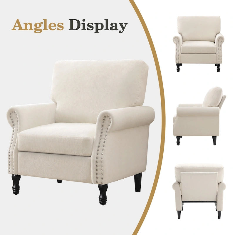 Sillón decorativo tapizado de chenilla con brazos enrollados y ribete de tachuelas
