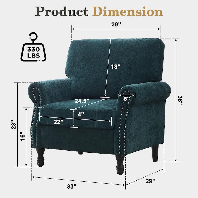 Sillón decorativo tapizado de chenilla con brazos enrollados y ribete de tachuelas