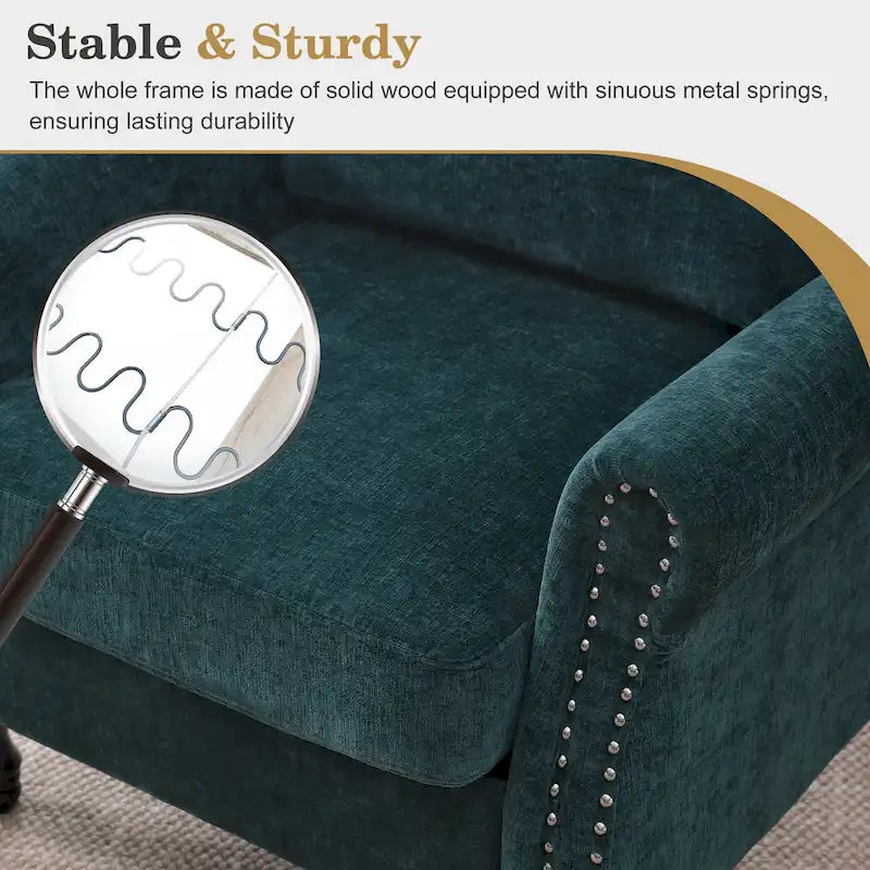 Sillón decorativo tapizado de chenilla con brazos enrollados y ribete de tachuelas