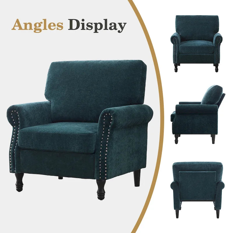 Sillón decorativo tapizado de chenilla con brazos enrollados y ribete de tachuelas
