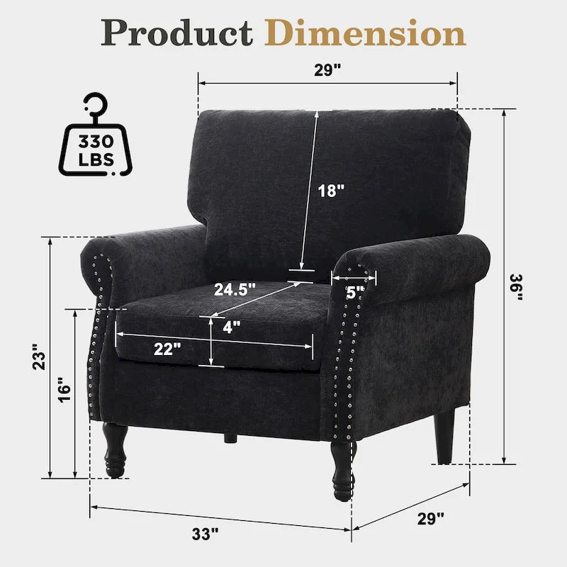 Sillón decorativo tapizado de chenilla con brazos enrollados y ribete de tachuelas