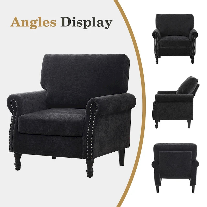 Sillón decorativo tapizado de chenilla con brazos enrollados y ribete de tachuelas