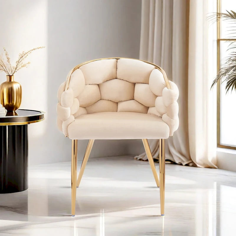 Sillón decorativo moderno de terciopelo con respaldo tejido y patas doradas
