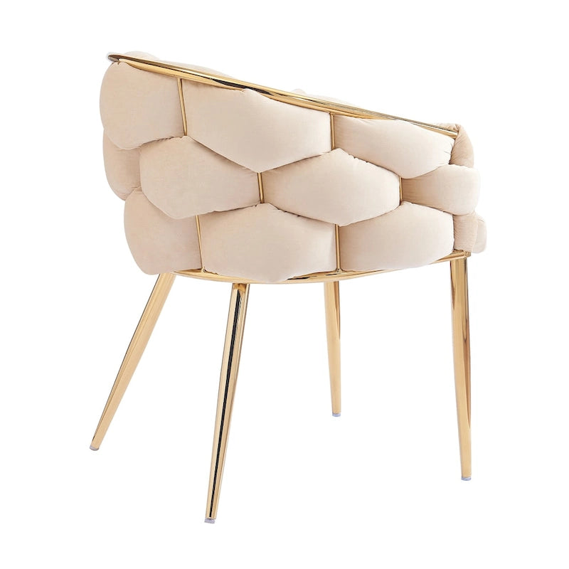 Sillón decorativo moderno de terciopelo con respaldo tejido y patas doradas