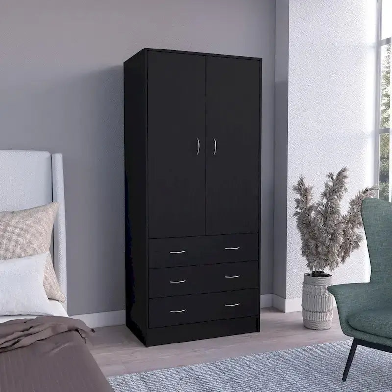 Armario moderno de madera con dos puertas, cajones y barra para colgar