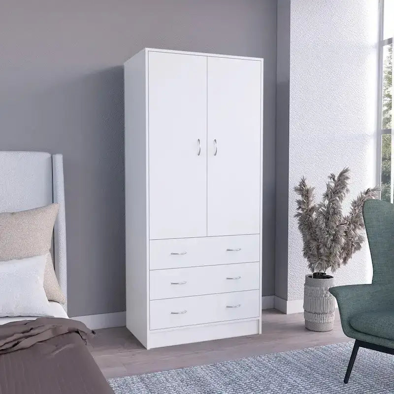 Armario moderno de madera con dos puertas, cajones y barra para colgar