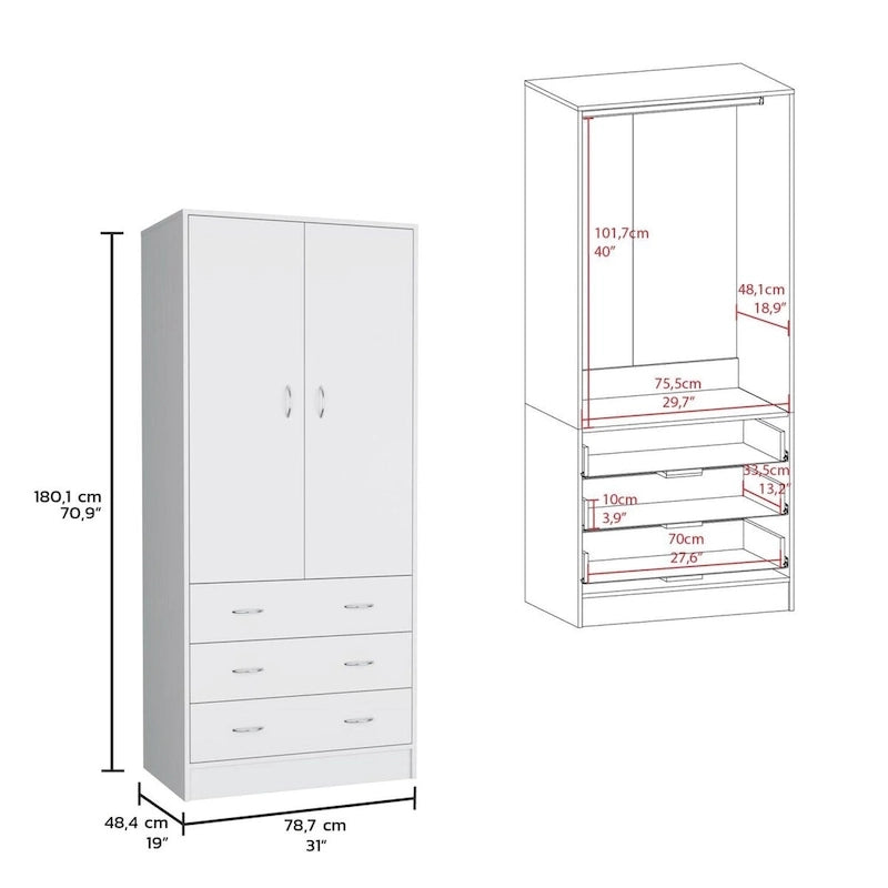 Armario moderno de madera con dos puertas, cajones y barra para colgar