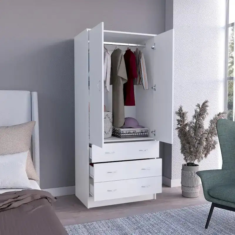 Armario moderno de madera con dos puertas, cajones y barra para colgar