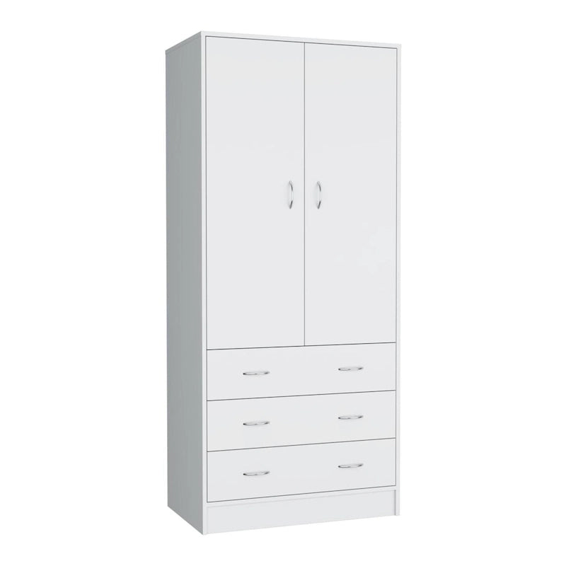 Armario moderno de madera con dos puertas, cajones y barra para colgar